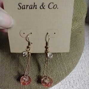 Long dangle wire rhinestone Pink bead goldtone Sarah & Co. Earrings